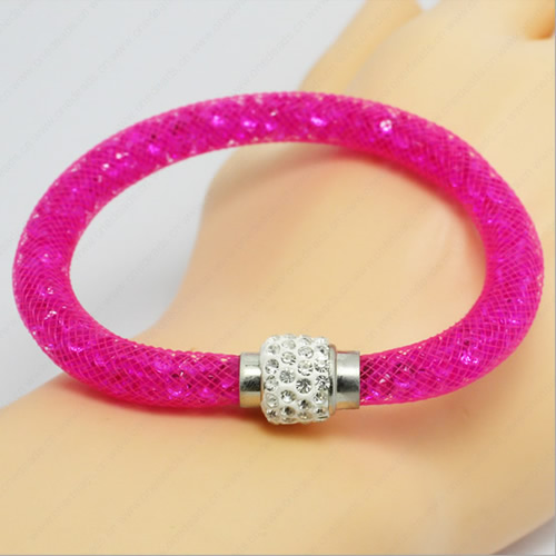 2016 Mesh Tube Bracelet Plastic Net Thread Cord Bracelet with Glass Crystal Beads and Brass Rhinestone Magnetic Clasp Length 19-21cm Sold by Strand