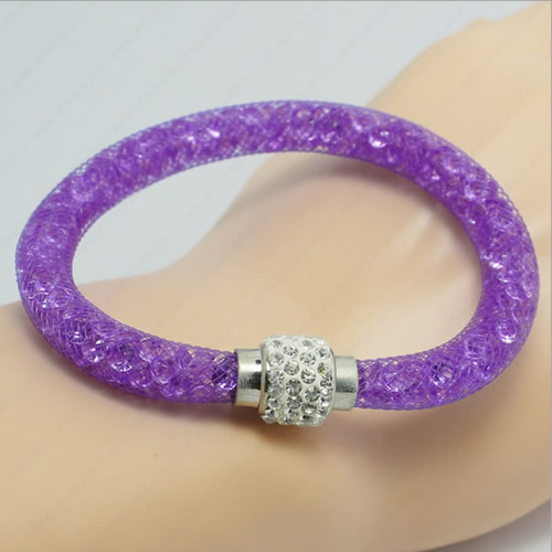 2016 Mesh Tube Bracelet Plastic Net Thread Cord Bracelet with Glass Crystal Beads and Brass Rhinestone Magnetic Clasp Length 19-21cm Sold by Strand