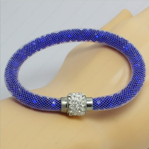 2016 Mesh Tube Bracelet Plastic Net Thread Cord Bracelet with Glass Crystal Beads and Brass Rhinestone Magnetic Clasp Length 19-21cm Sold by Strand