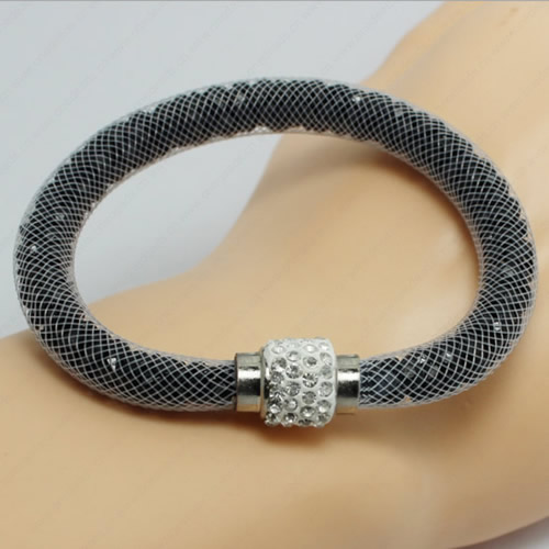 2016 Mesh Tube Bracelet Plastic Net Thread Cord Bracelet with Glass Crystal Beads and Brass Rhinestone Magnetic Clasp Length 19-21cm Sold by Strand