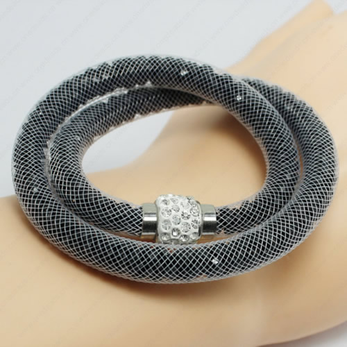 2016 Mesh Tube Bracelet Double Wrap Plastic Net Cord Bracelet with Glass Crystal Beads and Brass Rhinestone Magnetic Length 39-41cm Sold by Strand