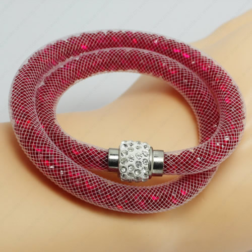 2016 Mesh Tube Bracelet Double Wrap Plastic Net Cord Bracelet with Glass Crystal Beads and Brass Rhinestone Magnetic Length 39-41cm Sold by Strand