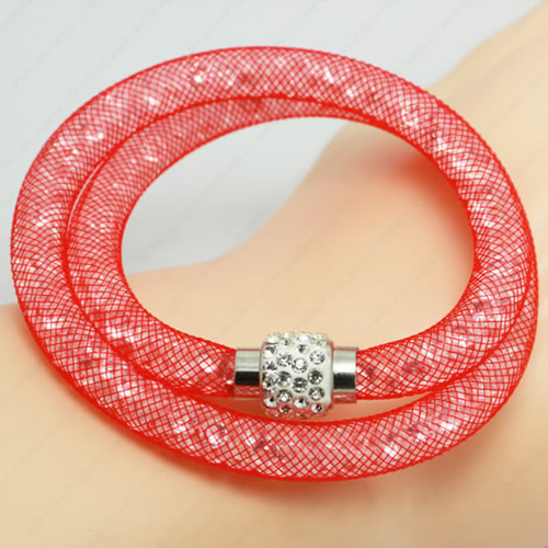 2016 Mesh Tube Bracelet Double Wrap Plastic Net Cord Bracelet with Glass Crystal Beads and Brass Rhinestone Magnetic Length 39-41cm Sold by Strand