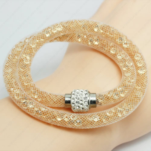 2016 Mesh Tube Bracelet Double Wrap Plastic Net Cord Bracelet with Glass Crystal Beads and Brass Rhinestone Magnetic Length 39-41cm Sold by Strand