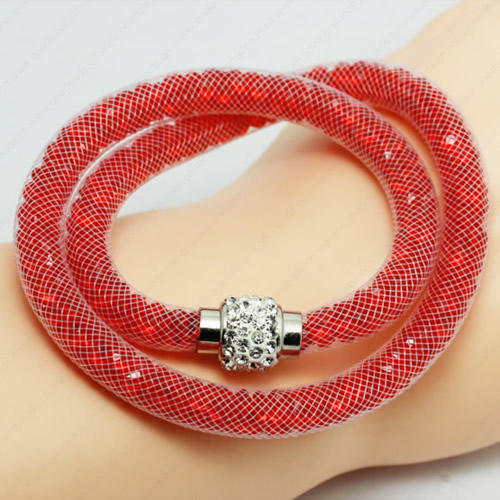 2016 Mesh Tube Bracelet Double Wrap Plastic Net Cord Bracelet with Glass Crystal Beads and Brass Rhinestone Magnetic Length 39-41cm Sold by Strand