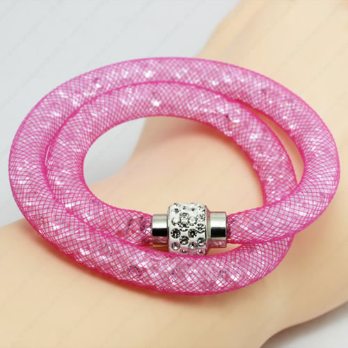 2016 Mesh Tube Bracelet Double Wrap Plastic Net Cord Bracelet with Glass Crystal Beads and Brass Rhinestone Magnetic Length 39-41cm Sold by Strand