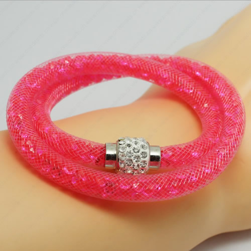 2016 Mesh Tube Bracelet Double Wrap Plastic Net Cord Bracelet with Glass Crystal Beads and Brass Rhinestone Magnetic Length 39-41cm Sold by Strand