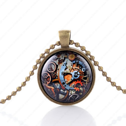 Necklace Wholesale Retro Steampunk Pendant Link Chain Cameos Setting Necklace Jewelry Punk Friendship Gifts 30mm Sold by Strand