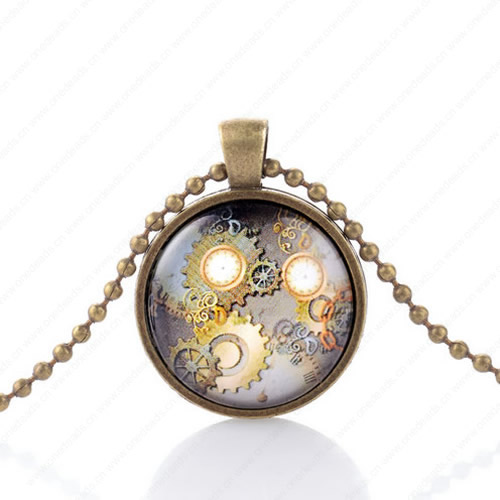 Necklace Wholesale Retro Steampunk Pendant Link Chain Cameos Setting Necklace Jewelry Punk Friendship Gifts 30mm Sold by Strand